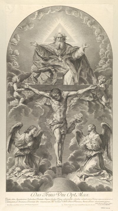 La Santísima Trinidad, Cristo en la cruz flanqueado por dos ángeles, el Espíritu Santo como paloma, 1702 de Nicolas Dorigny