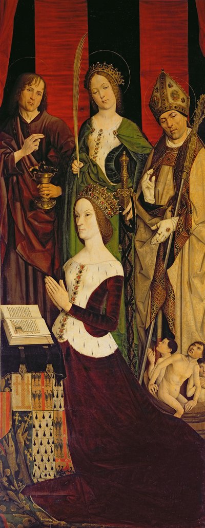 Tríptico de Moisés y la Zarza Ardiente, panel derecho que representa a Jeanne de Laval (d.1498) con San Juan, Santa Catalina y San Nicolás, c.1476 de Nicolas Froment