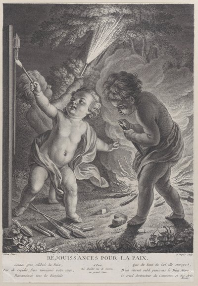 Celebrando la paz Réjouissances pour la paix, tres putti con fuegos artificiales, 1745-71 de Nicolas Gabriel Dupuis