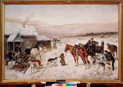 Devant une taverne en hiver (Antes de un pub en invierno) - Pintura de Nikolai Yegorovich Sverchkov (Nicolas Swertschkoff) (1817-1898), huile sur toile de Nicolas Gregorovitch Svertschkoff
