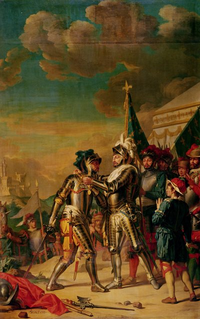 Enrique II (1519-59) entregando la cadena de la Orden de San Miguel a Gaspard de Saulx (1509-73) Conde de Tavannes, después de la Batalla de Renty, 13 de agosto de 1554, 1789 de Nicolas Guy Brenet