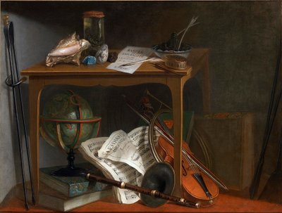 Uno de un par de Devants de Cheminée: Manual Naturalista y Objetos sobre una Mesa de Nicolas Henri Jeaurat de Bertry