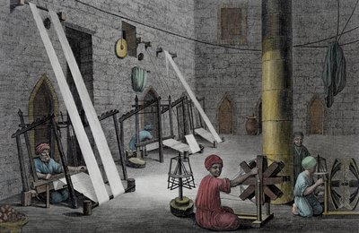 Interior de un taller de tejedor, del Volumen II Artes y Oficios de 