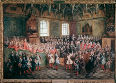 Lit de justice celebrado por la mayoría de edad del rey Luis XV en la Gran Cámara del Parlamento de París el 22 de febrero de Nicolas Lancret