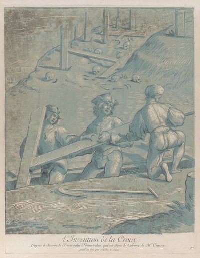La invención de la cruz, tres hombres levantando una cruz de una trinchera, de 