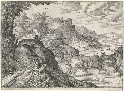 Paisaje de montaña con un molino de agua. Paisajes de montaña (título de la serie) de Nicolas Moillon