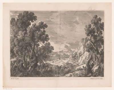 Paisaje de montaña con gente en una carretera. de Nicolas Perelle