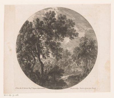 Paisaje forestal con dos hombres detrás de la manada. de Nicolas Perelle