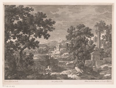 Paisaje con una antigua fuente junto al río. de Nicolas Perelle