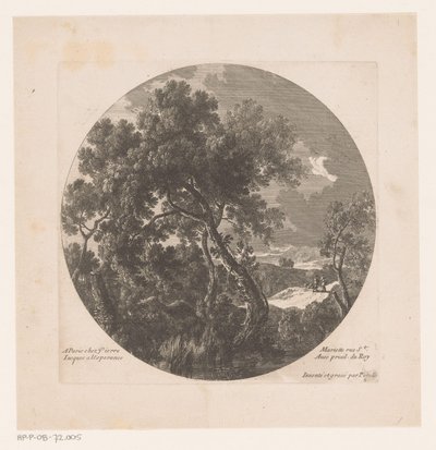 Paisaje con árboles y dos pastores con rebaño. de Nicolas Perelle