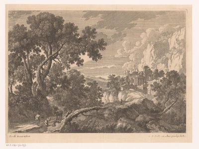 Paisaje con una figura arrodillada junto a un burro. de Nicolas Perelle