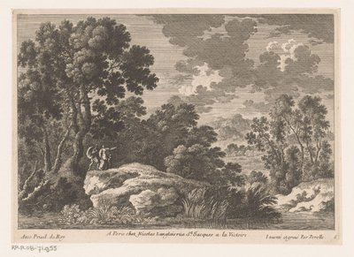 Paisaje con un hombre, una mujer y un niño en una roca junto a un estanque de Nicolas Perelle