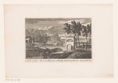 Paisaje con caminantes en el puente de piedra. Paisajes con excursionistas (título de la serie) de Nicolas Perelle