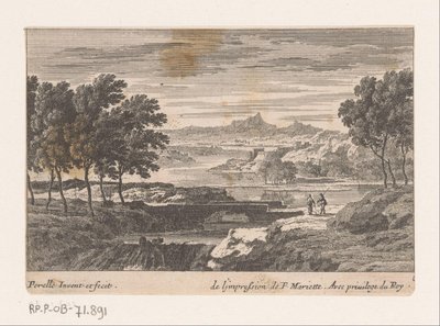 Paisaje con caminantes en el puente de piedra. de Nicolas Perelle