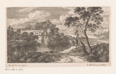 Paisaje fluvial con puente de dos arcos de Nicolas Perelle