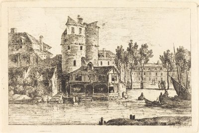 Pueblo en la Orilla del Río con Dos Torres Redondas de Nicolas Perignon