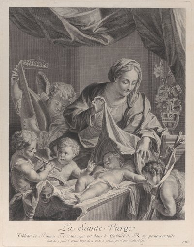 La Virgen sosteniendo un paño sobre el niño Cristo dormido, con ángeles musicales, ca. 1729 de Nicolas Pigne