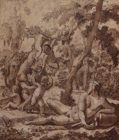 Un paisaje boscoso con un dios del río y putti de Nicolas Poussin