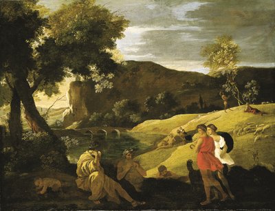 Un paisaje arcádico con historias de las leyendas de Pan y Baco (óleo sobre lienzo) de Nicolas Poussin