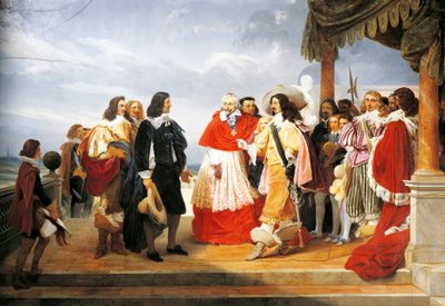 El cardenal Richelieu presentando a Poussin a Luis XIII en 1640, detalle de la pintura de 1832 por Jean Alaux, Francia de Nicolas Poussin