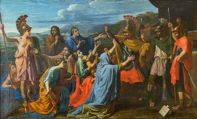 Coriolano persuadido por su familia para perdonar a Roma Veturia a los pies de Coriolano, ca 1652 de Nicolas Poussin