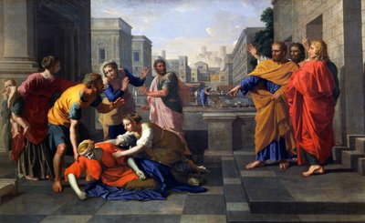 Muerte de Safira, esposa de Ananías, que cayó ardiendo a los pies de San Pedro, c.1652 de Nicolas Poussin