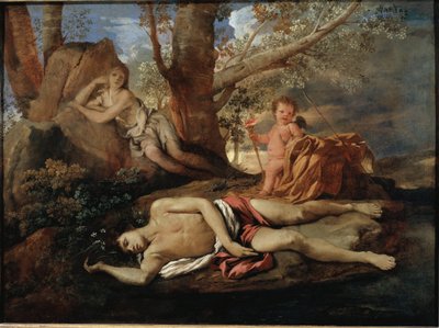 Eco y Narciso ilustración para la leyenda que inspiró a Ovidio en "Las Metamorfosis" Pintura de Nicolas Poussin de Nicolas Poussin