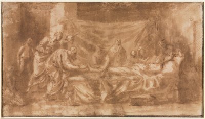 Extremaunción (recto), Tres cabezas y otros bocetos (verso), 1643-1644 de Nicolas Poussin