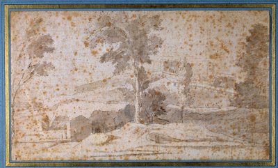 Paisaje con un gran árbol en el centro y un mirador de Nicolas Poussin
