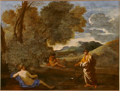 Midas transformando en oro la rama de una encina, antes llamado Numa Pompilio y la ninfa Égérie de Nicolas Poussin