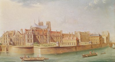 Casas en el Claustro de Notre-Dame, París de Nicolas Raguenet