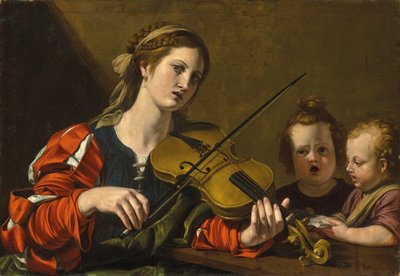 Una mujer tocando el violín con dos niños cantando de Nicolas Tournier