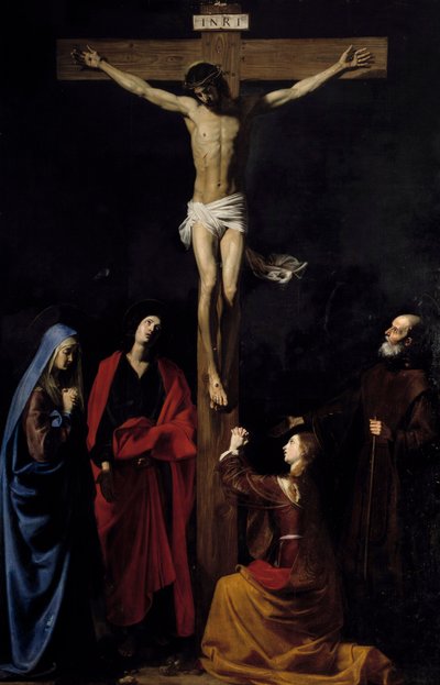 Cristo en la cruz, la Virgen, la Magdalena, San Juan y San Vicente de Paúl. Inscripción 