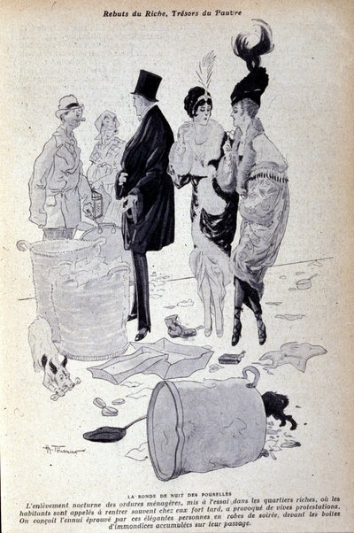 París: la basura se acumula en la calle frente a personas elegantemente vestidas. Ilustración de la prensa francesa por H. Tournier de Nicolas Tournier