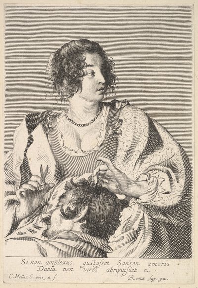 Dalila preparándose para cortar el cabello de Sansón con tijeras en su mano derecha, debajo de su pecho, ca. 1629 de Nicolas Viennot