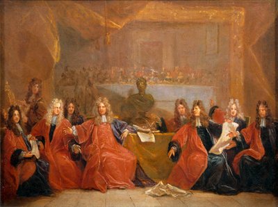 El corregidor de los comerciantes y los concejales de la ciudad de París deliberan sobre la oferta de una fiesta a Luis XIV ... de Nicolas de (workshop) Largilliere