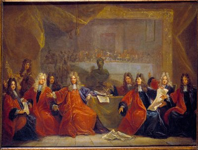 El preboste de los comerciantes y los concejales de la ciudad de París deliberando sobre la fiesta ofrecida a Luis XIV por su convalecencia el 30 de enero de Nicolas de Largillière