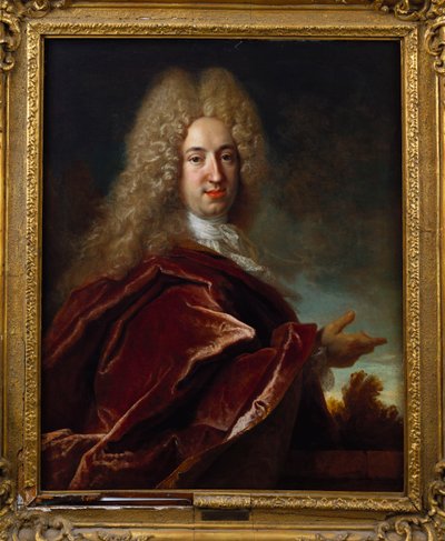 Retrato de un caballero, con peluca larga, jabot de encaje y capa burdeos de Nicolas de Largillière