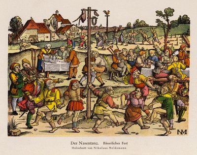 El baile de la nariz en una fiesta rural (litografia en color) de Nicolaus Meldemann