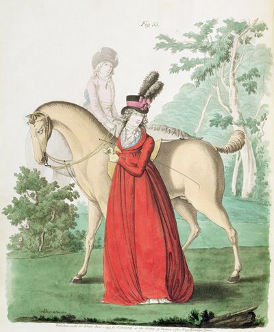 Una dama saliendo a caballo con vestido de montar de la Galería de Moda de Nikolaus Heideloff, Vol II, junio 1795 de Nicolaus von Heideloff