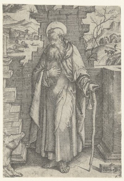 San Antonio el Grande con cruz tau y cerdo de Nicoletto da Modena