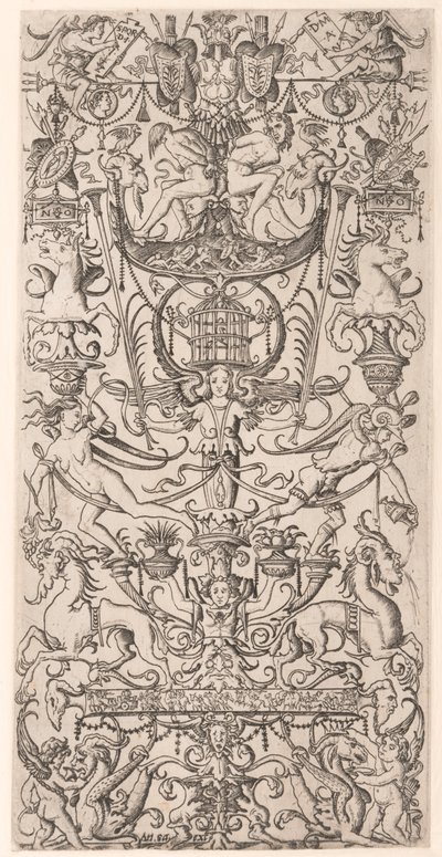 Panel ornamental con jaula de pájaros de Nicoletto da Modena