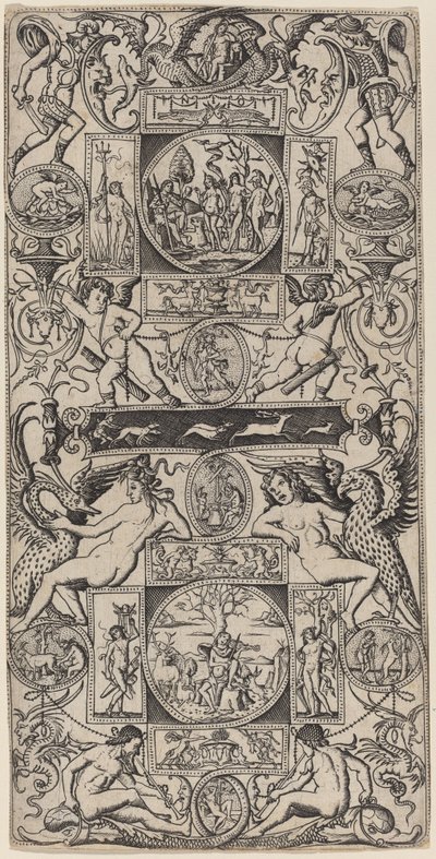 Panel ornamental con Orfeo y el juicio de Paris de Nicoletto da Modena