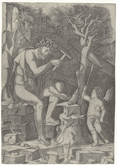 Vulcano forja el ala de Cupido de Nicoletto da Modena