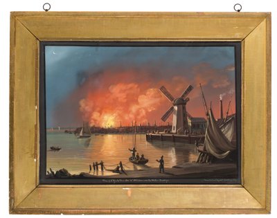 Vista del incendio de Nueva York, tomada cerca del molino en Brooklyn, 16 de diciembre de 1835 de Nicolino Calyo