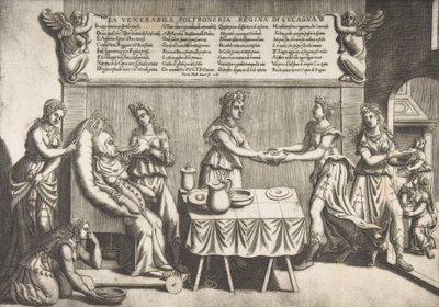 Venerable Ociosidad, Reina de Cockaigne, una mujer gorda sentada en una silla de inodoro móvil, 1565 de Nicolo Nelli