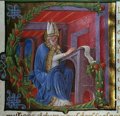 Miniatura de San Agustín escrita por Nicolo Polani, extraída de "De civitate dei" (La ciudad de Dios) de San Agustín de Hipona (354-430). 1459. París, Bibliotheque sainte Genevieve de Nicolo Polani