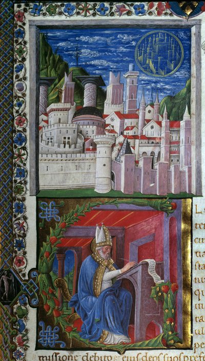 Miniatura de San Agustín escrita por Nicolo Polani, extraída de "De civitate dei" (La ciudad de Dios) de San Agustín de Hipona (354-430). 1459. París, Bibliotheque sainte Genevieve de Nicolo Polani