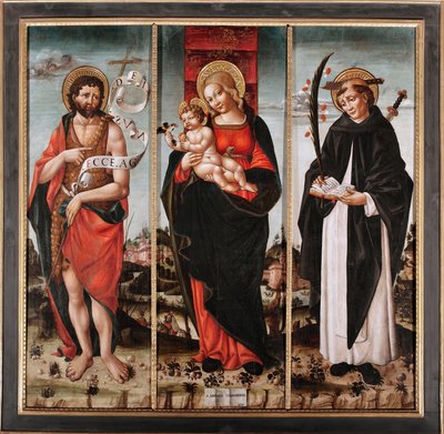 Virgen con el Niño entre San Juan Bautista y San Pedro de Verona (Pietro Martire o Pietro da Verona, ca. 1205-1252) (Virgen con el Niño con San Juan Bautista y Pedro de Verona) Tríptico Pintura de Niccolo da Cremona de Nicolo da Cremona