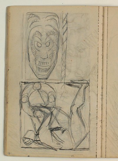 Boceto de máscara, probablemente basado en un modelo. Borrador para la tumba de Poul S. Christiansen de Niels Larsen Stevns